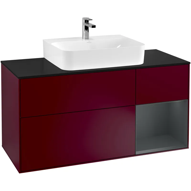 Utförsäljning - Tvättställsskåp Villeroy & BochFinion med 3 Lådor Hylla och Bänkskiva för Centrerat TvättställPion Mattlack/Midnattsblå Mattlack med bänkskiva i Mattsvart glas, Lucka Höger