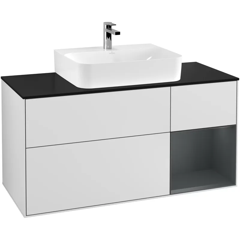 Tvättställsskåp Villeroy & BochFinion med 3 Lådor Hylla och Bänkskiva för Centrerat TvättställVit Mattlack/Midnattsblå Mattlack med bänkskiva i Mattsvart glas, Lucka Höger | Expressfrakt