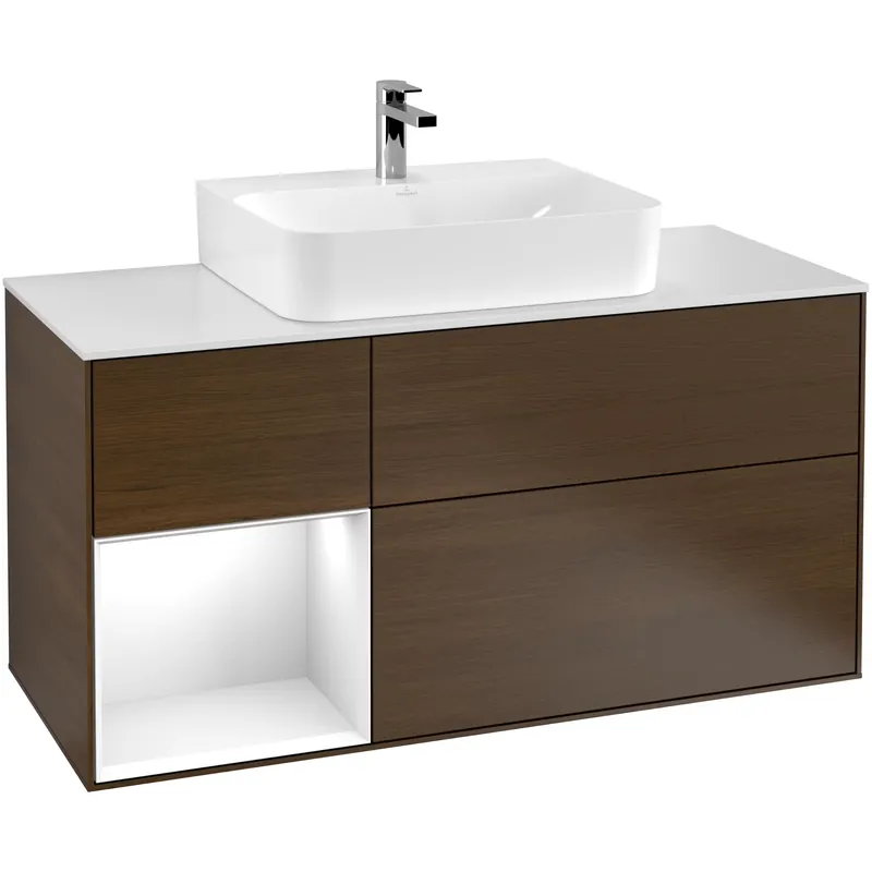 Hög kvalitet - Tvättställsskåp Villeroy & BochFinion med 3 Lådor Hylla och Bänkskiva för Centrerat TvättställValnötsfanér/Vit Högblank med bänkskiva i Mattvitt glas med Väggbelysning, Lucka Vänster
