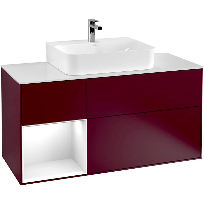 Tvättställsskåp Villeroy & BochFinion med 3 Lådor Hylla och Bänkskiva för Centrerat TvättställPion Mattlack/Vit Högblank med bänkskiva i Mattvitt glas med Väggbelysning, Lucka Vänster | Enkel beställning