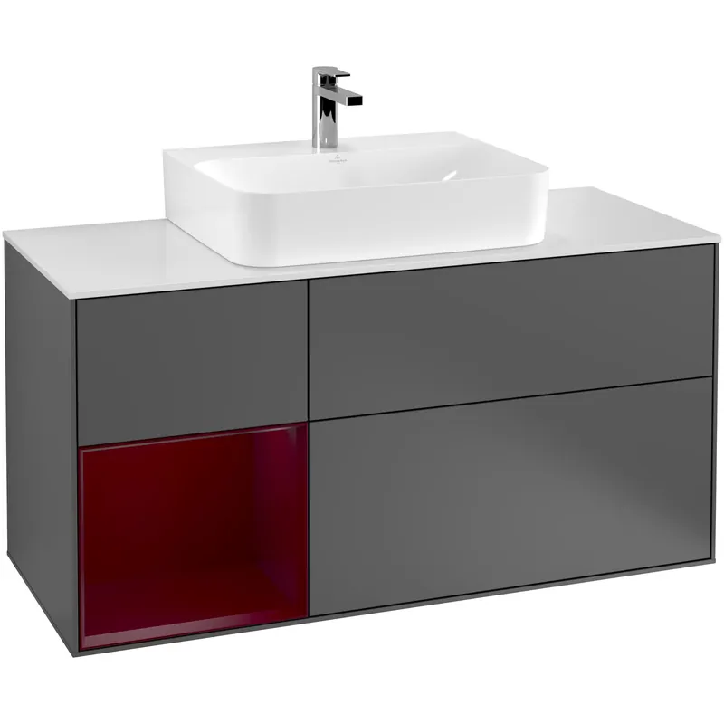 Köp direkt - Tvättställsskåp Villeroy & BochFinion med 3 Lådor Hylla och Bänkskiva för Centrerat TvättställAntracitgrå Mattlack/Pion Mattlack med bänkskiva i Mattvitt glas med Väggbelysning, Lucka Vänster