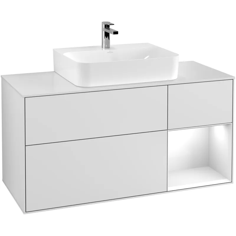 Tvättställsskåp Villeroy & BochFinion med 3 Lådor Hylla och Bänkskiva för Centrerat TvättställVit Mattlack/Vit Högblank med bänkskiva i Mattvitt glas med Väggbelysning, Lucka Höger | Snabb leverans