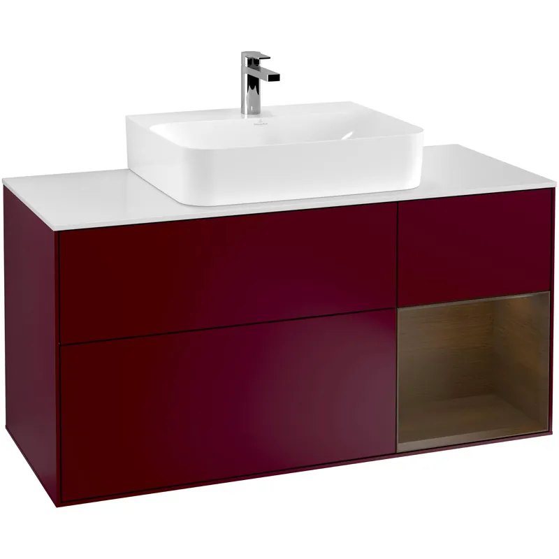 Tvättställsskåp Villeroy & BochFinion med 3 Lådor Hylla och Bänkskiva för Centrerat TvättställPion Mattlack/Valnötsfanér med bänkskiva i Mattvitt glas med Väggbelysning, Lucka Höger | Outlet