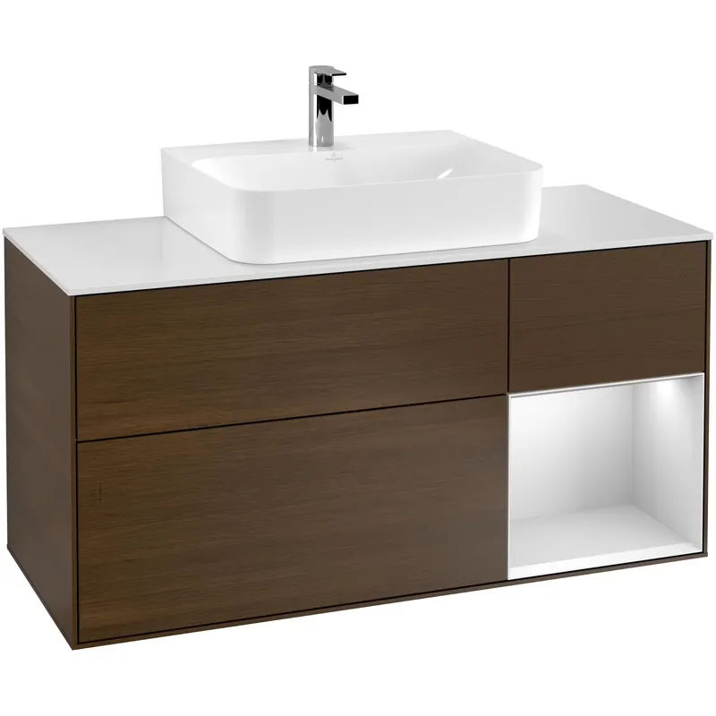 Tvättställsskåp Villeroy & BochFinion med 3 Lådor Hylla och Bänkskiva för Centrerat TvättställValnötsfanér/Vit Mattlack med bänkskiva i Mattvitt glas med Väggbelysning, Lucka Höger - Superpris