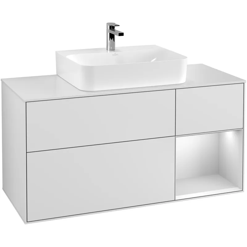 Väl omtyckt - Tvättställsskåp Villeroy & BochFinion med 3 Lådor Hylla och Bänkskiva för Centrerat TvättställVit Mattlack/Vit Mattlack med bänkskiva i Mattvitt glas med Väggbelysning, Lucka Höger