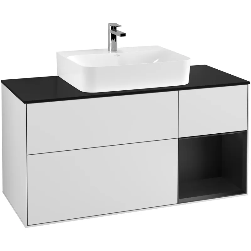 Tvättställsskåp Villeroy & BochFinion med 3 Lådor Hylla och Bänkskiva för Centrerat TvättställVit Mattlack/Svart Mattlack med bänkskiva i Mattsvart glas med Väggbelysning, Lucka Höger - Ny lansering