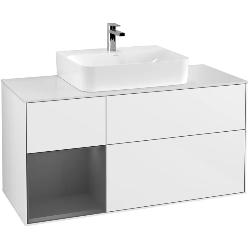 Tvättställsskåp Villeroy & BochFinion med 3 Lådor Hylla och Bänkskiva för Centrerat TvättställVit Högblank/Antracitgrå Mattlack med bänkskiva i Mattvitt glas, Lucka Vänster | Snabb leverans
