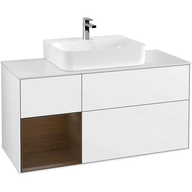 Tvättställsskåp Villeroy & BochFinion med 3 Lådor Hylla och Bänkskiva för Centrerat TvättställVit Högblank/Valnötsfanér med bänkskiva i Mattvitt glas, Lucka Vänster - Beställ nu