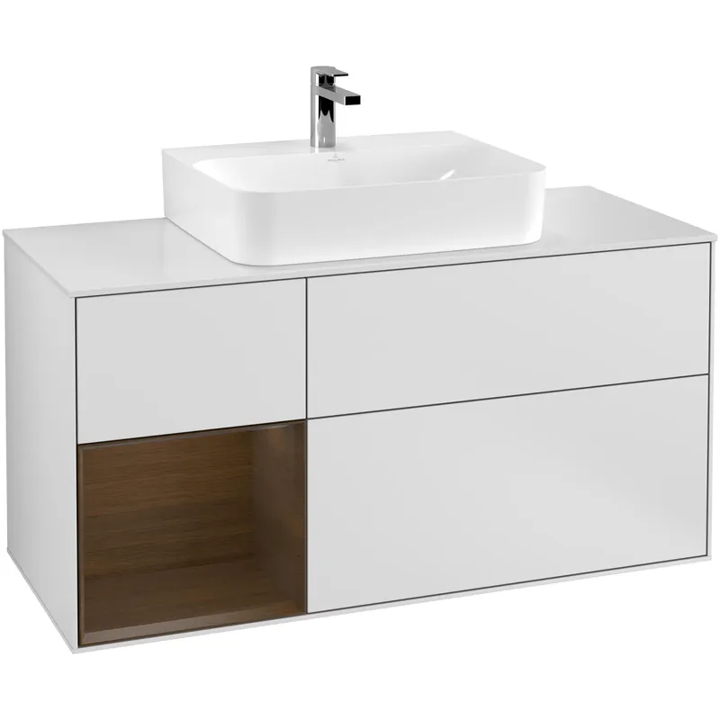 Tvättställsskåp Villeroy & BochFinion med 3 Lådor Hylla och Bänkskiva för Centrerat TvättställVit Mattlack/Valnötsfanér med bänkskiva i Mattvitt glas, Lucka Vänster - Få kvar i lager