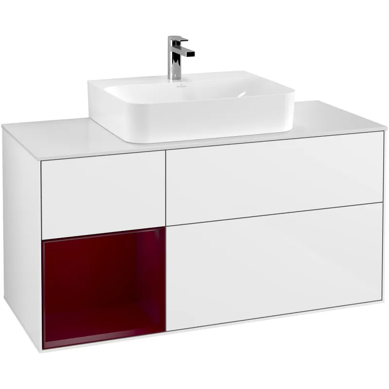 Utförsäljning - Tvättställsskåp Villeroy & BochFinion med 3 Lådor Hylla och Bänkskiva för Centrerat TvättställVit Högblank/Pion Mattlack med bänkskiva i Mattvitt glas, Lucka Vänster