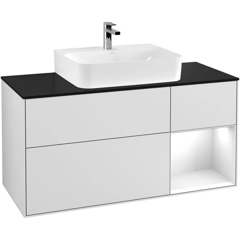 Tvättställsskåp Villeroy & BochFinion med 3 Lådor Hylla och Bänkskiva för Centrerat TvättställVit Mattlack/Vit Högblank med bänkskiva i Mattsvart glas, Lucka Höger | Efterfrågad