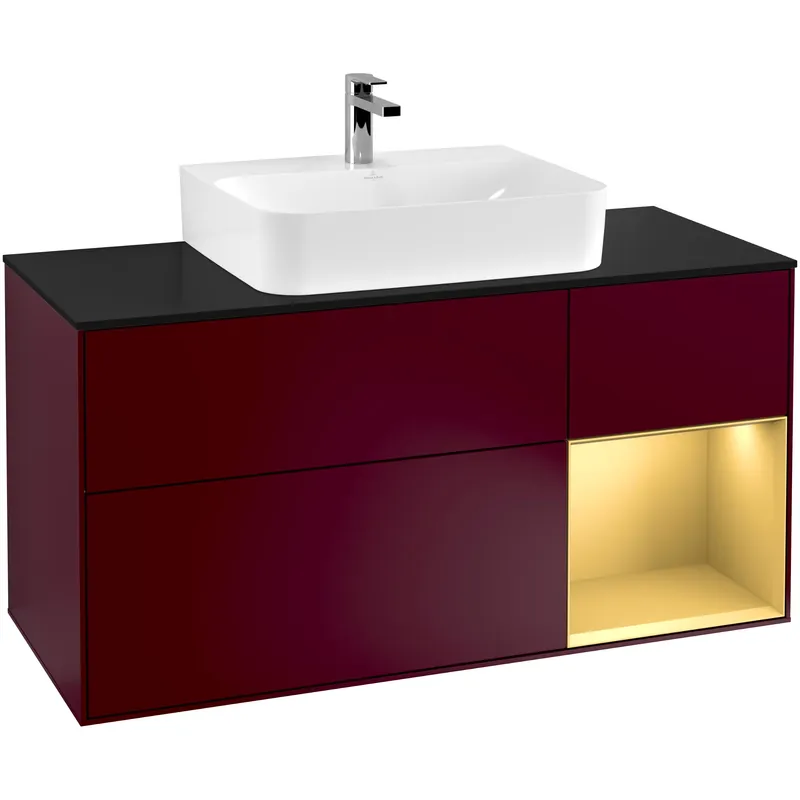 Tvättställsskåp Villeroy & BochFinion med 3 Lådor Hylla och Bänkskiva för Centrerat TvättställPion Mattlack/Guld Mattlack med bänkskiva i Mattsvart glas, Lucka Höger - Ta chansen