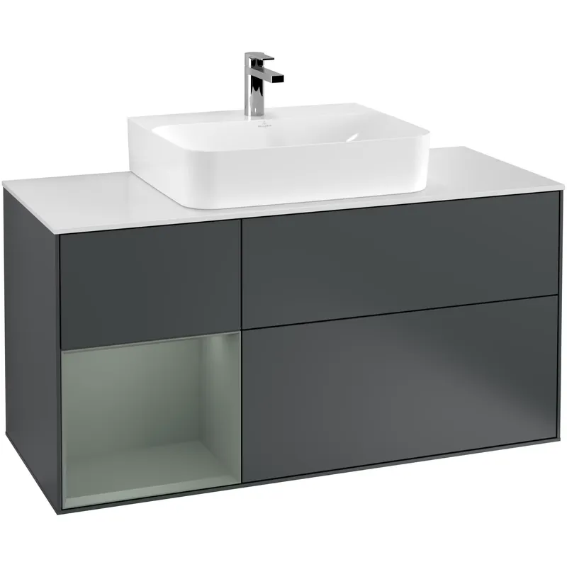 Tvättställsskåp Villeroy & BochFinion med 3 Lådor Hylla och Bänkskiva för Centrerat TvättställMidnattsblå Mattlack/Oliv Mattlack med bänkskiva i Mattvitt glas med Väggbelysning, Lucka Vänster | Direkt från fabriken