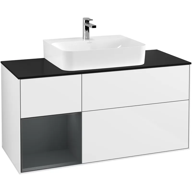 Nästan slut - Tvättställsskåp Villeroy & BochFinion med 3 Lådor Hylla och Bänkskiva för Centrerat TvättställVit Högblank/Midnattsblå Mattlack med bänkskiva i Mattsvart glas med Väggbelysning, Lucka Vänster