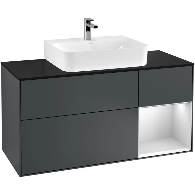Tvättställsskåp Villeroy & BochFinion med 3 Lådor Hylla och Bänkskiva för Centrerat TvättställMidnattsblå Mattlack/Vit Mattlack med bänkskiva i Mattsvart glas med Väggbelysning, Lucka Höger - Toppkvalitet