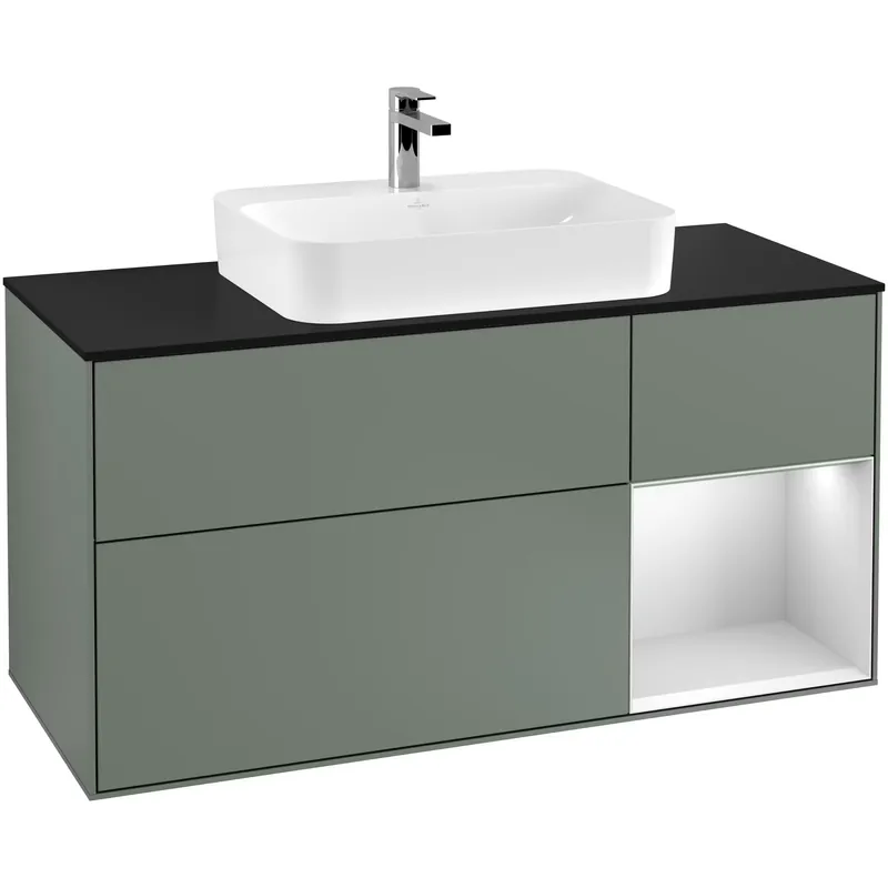 Tvättställsskåp Villeroy & BochFinion med 3 Lådor Hylla och Bänkskiva för Ytmonterat TvättställOliv Mattlack/Vit Mattlack med bänkskiva i Mattsvart glas, Lucka Höger | Extra bra pris