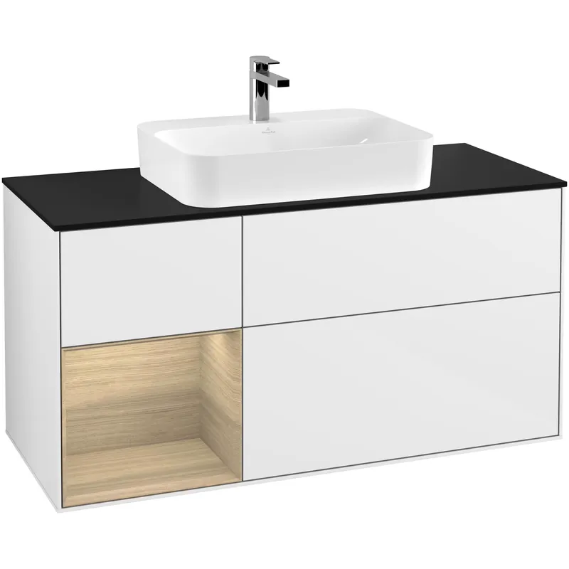 Tvättställsskåp Villeroy & BochFinion med 3 Lådor Hylla och Bänkskiva för Ytmonterat TvättställVit Högblank/Ekfanér med bänkskiva i Mattsvart glas med Väggbelysning, Lucka Vänster | Hög kvalitet