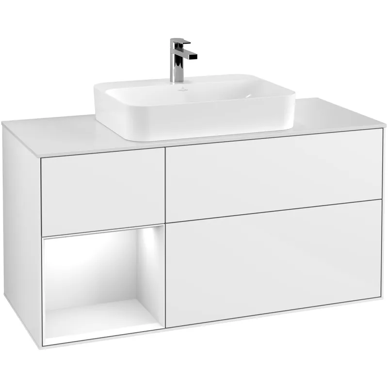 Tvättställsskåp Villeroy & BochFinion med 3 Lådor Hylla och Bänkskiva för Ytmonterat TvättställVit Högblank/Vit Högblank med bänkskiva i Mattvitt glas med Väggbelysning, Lucka Vänster - Köp online