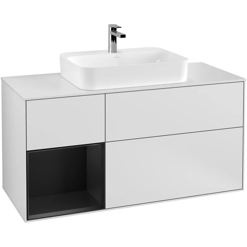 Slutrea - Tvättställsskåp Villeroy & BochFinion med 3 Lådor Hylla och Bänkskiva för Ytmonterat TvättställVit Mattlack/Svart Mattlack med bänkskiva i Mattvitt glas med Väggbelysning, Lucka Vänster