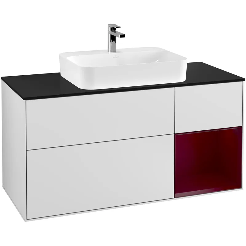 Begränsat antal | Tvättställsskåp Villeroy & BochFinion med 3 Lådor Hylla och Bänkskiva för Ytmonterat TvättställVit Mattlack/Pion Mattlack med bänkskiva i Mattsvart glas med Väggbelysning, Lucka Höger