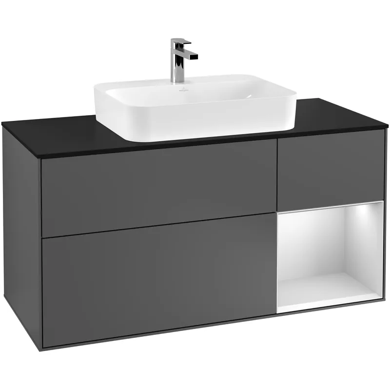 Handla nu - Tvättställsskåp Villeroy & BochFinion med 3 Lådor Hylla och Bänkskiva för Ytmonterat TvättställAntracitgrå Mattlack/Vit Mattlack med bänkskiva i Mattsvart glas med Väggbelysning, Lucka Höger