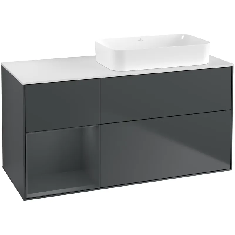 Tvättställsskåp Villeroy & BochFinion med 3 Lådor Hylla och Bänkskiva för Ocentrerat Fristående TvättställMidnattsblå Mattlack/Midnattsblå Mattlack med bänkskiva i Mattvitt glas, Lucka Vänster utan Blandarhål - Dagens deal