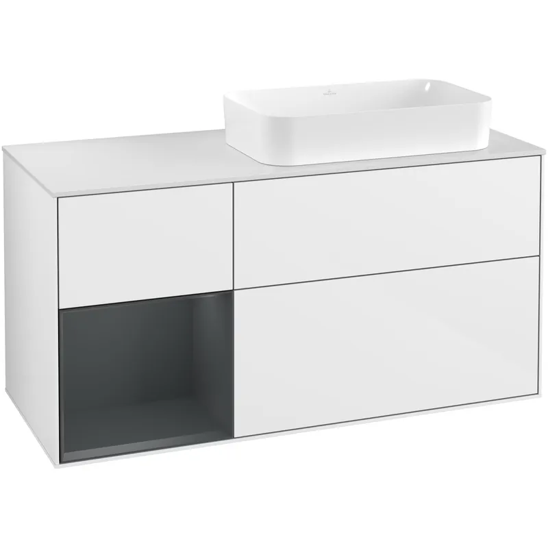 Spara nu - Tvättställsskåp Villeroy & BochFinion med 3 Lådor Hylla och Bänkskiva för Ocentrerat Fristående TvättställVit Högblank/Midnattsblå Mattlack med bänkskiva i Mattvitt glas med Väggbelysning, Lucka Vänster med Blandarhål