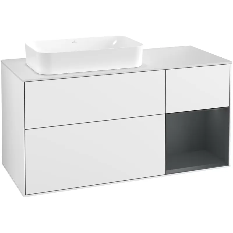 Tvättställsskåp Villeroy & BochFinion med 3 Lådor Hylla och Bänkskiva för Ocentrerat Fristående TvättställVit Högblank/Midnattsblå Mattlack med bänkskiva i Mattvitt glas med Väggbelysning, Lucka Höger med Blandarhål | Trygg betalning