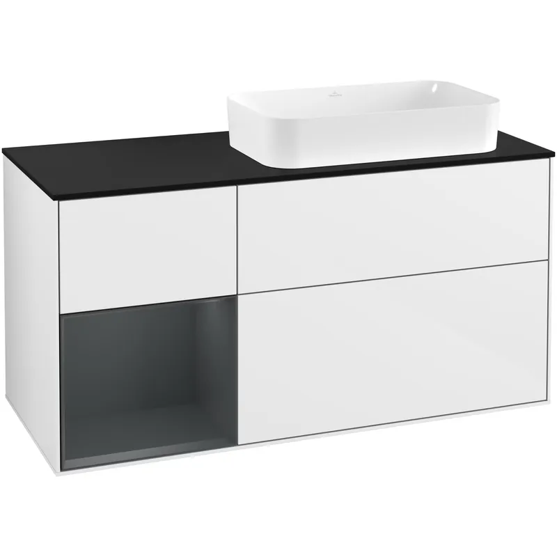 Tvättställsskåp Villeroy & BochFinion med 3 Lådor Hylla och Bänkskiva för Ocentrerat Fristående TvättställVit Högblank/Midnattsblå Mattlack med bänkskiva i Mattsvart glas, Lucka Vänster med Blandarhål | Outlet