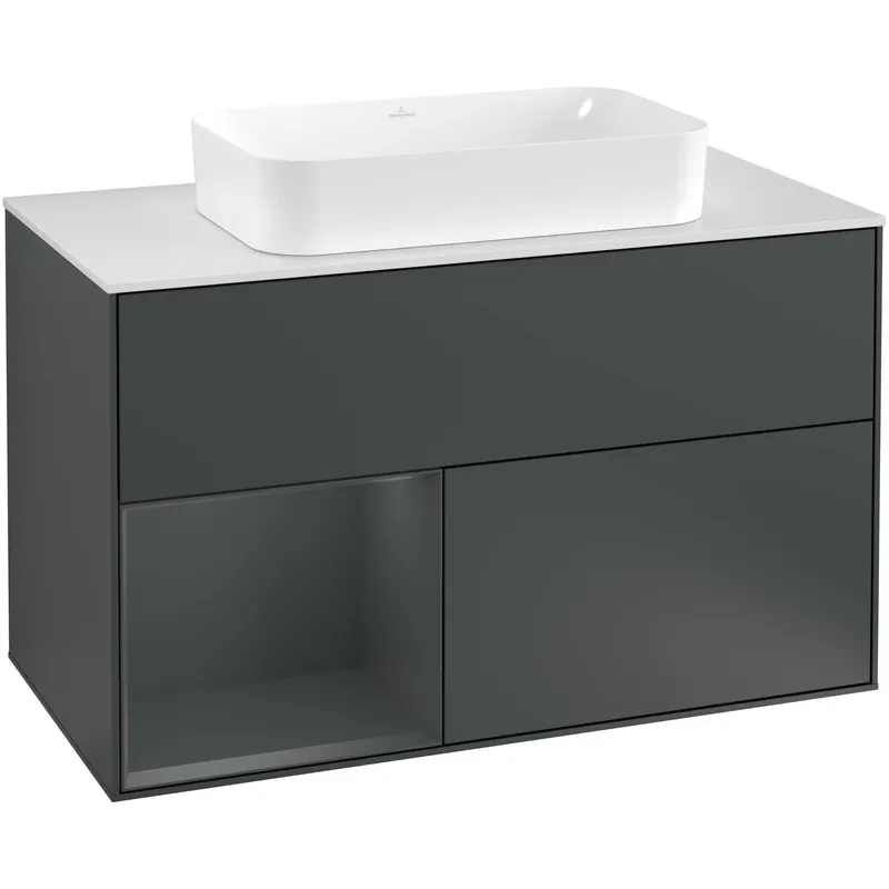 Tvättställsskåp Villeroy & BochFinion med 2 Lådor Hylla och Bänkskiva för Fristående TvättställMidnattsblå Mattlack/Midnattsblå Mattlack med bänkskiva i Mattvitt glas, Lucka Vänster med Blandarhål | Försäljningssuccé