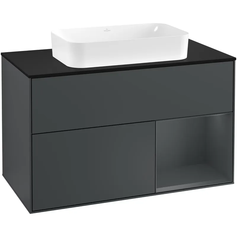 Passa på nu - Tvättställsskåp Villeroy & BochFinion med 2 Lådor Hylla och Bänkskiva för Fristående TvättställMidnattsblå Mattlack/Midnattsblå Mattlack med bänkskiva i Mattsvart glas med Väggbelysning, Lucka Höger med Blandarhål