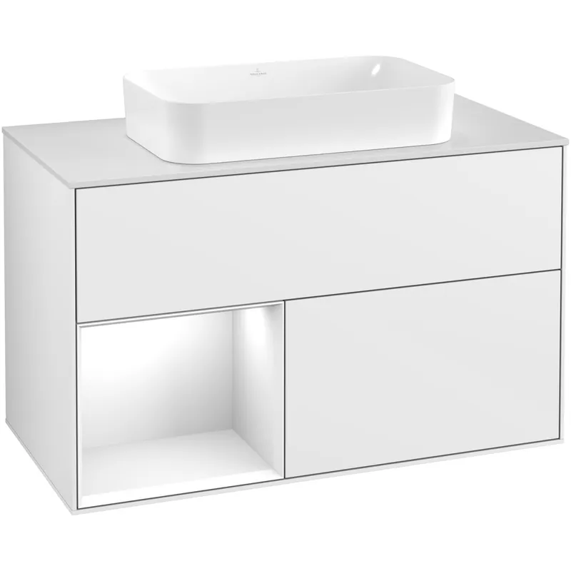 Handla nu - Tvättställsskåp Villeroy & BochFinion med 2 Lådor Hylla och Bänkskiva för Fristående TvättställVit Högblank/Vit Högblank med bänkskiva i Mattvitt glas, Lucka Vänster med Blandarhål