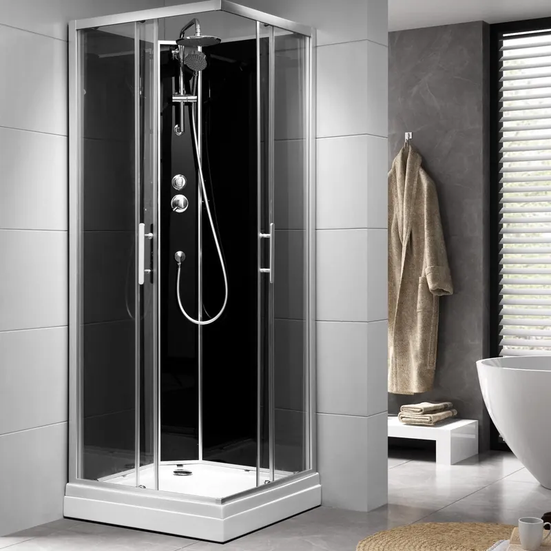 Duschkabin kvadratisk 80x80x215 cm - Borstad aluminiumprofiler - klart / svart glas - inkl. blandare & dusch - Gilleleje | Ny produkt